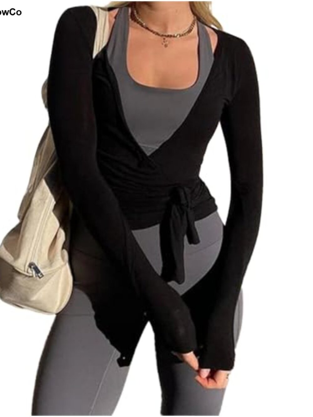 Women's Cross Wrap Tie Front Long Sleeve Deep V Neck Slim Fit Active Top